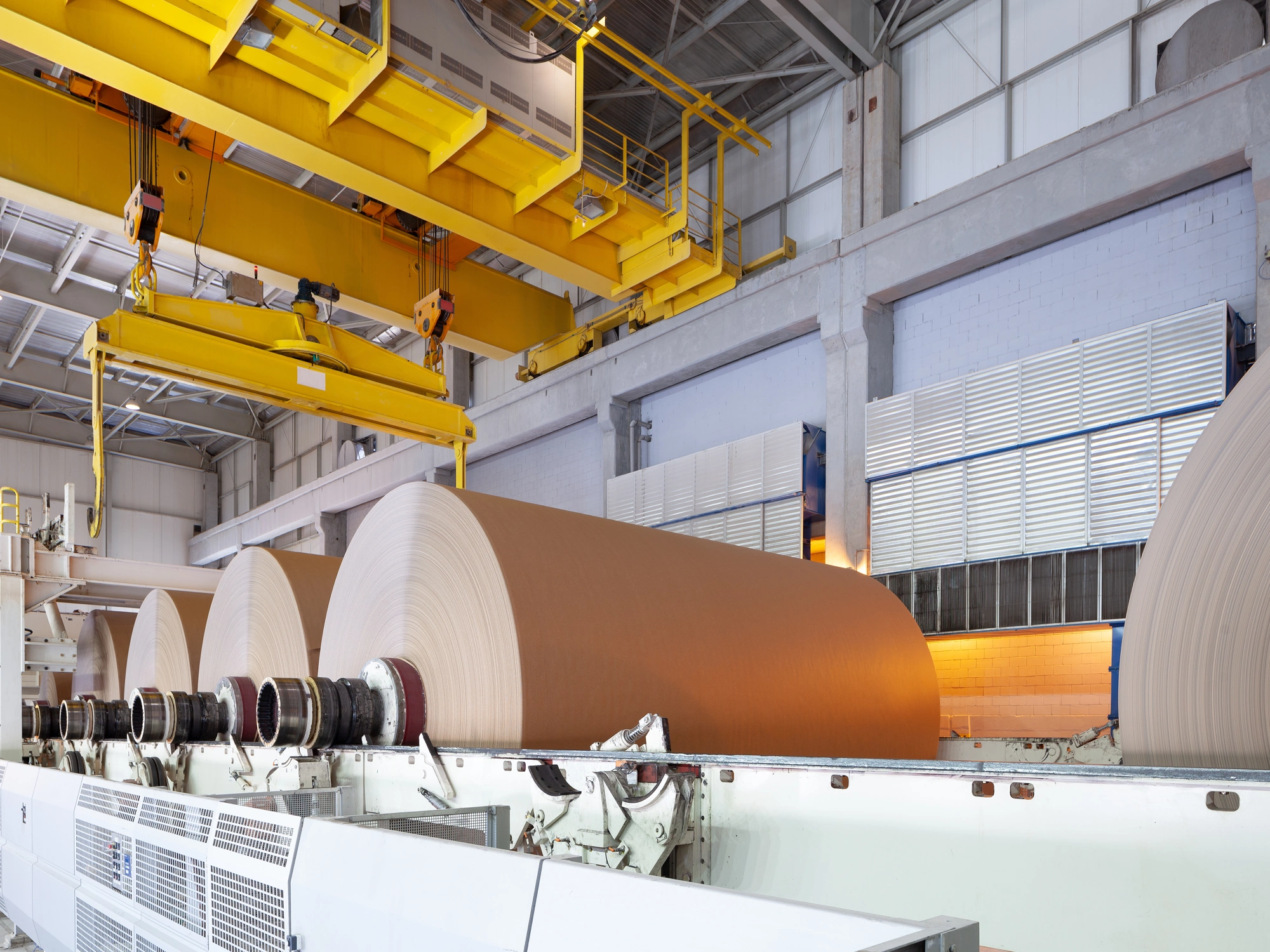 Large rolls of brown paper in a modern paper mill factory.