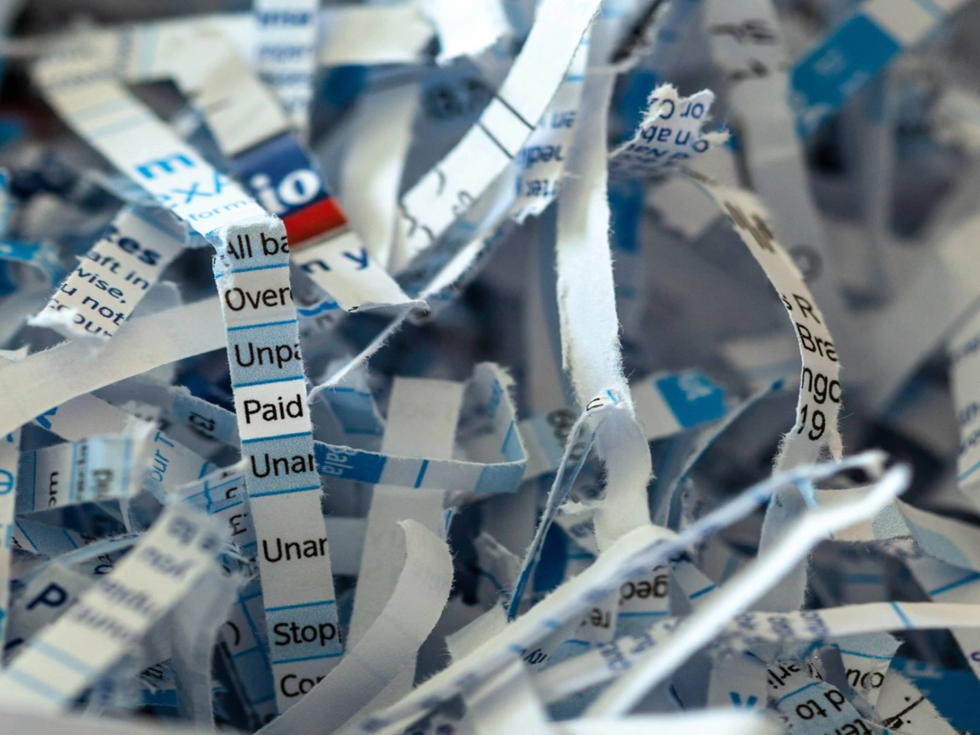 A bundle of shredded sensitive documents containing payment information.
