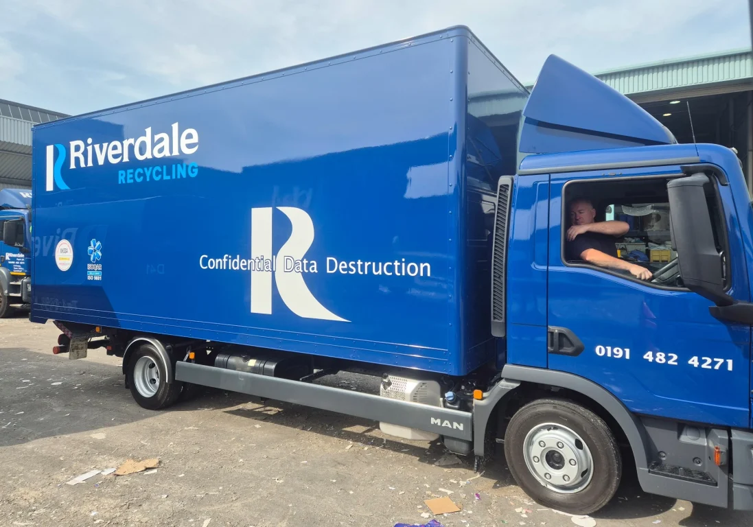 Blue Riverdale Recycling Confidential Data Destruction truck leaving site in Gateshead.