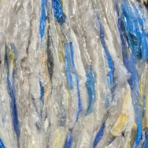 Colourful blue and yellow baled polythene packaging.