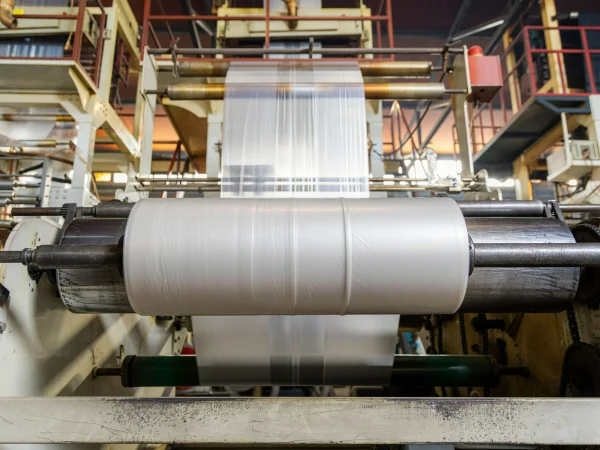 An industrial roll of plastic wrap attached to large machinery.
